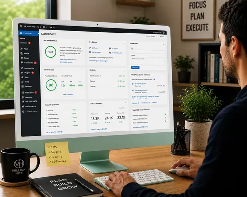 CMS, Support & AI-Powered Delivery CMS support and AI-powered WordPress delivery by Million Hits, covering website security, performance, updates and ongoing maintenance.
