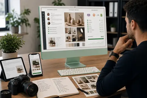 Contenthotography & Migration Content creation, product photography direction and secure eCommerce store migration displayed on a green iMac workspace.