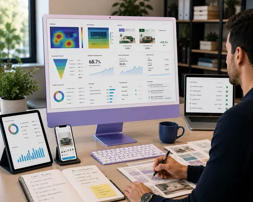 Conversion Optimisation & Ongoing Support Conversion optimisation, A/B testing, heatmaps, analytics tracking and ongoing website support displayed on a modern purple iMac workspace.