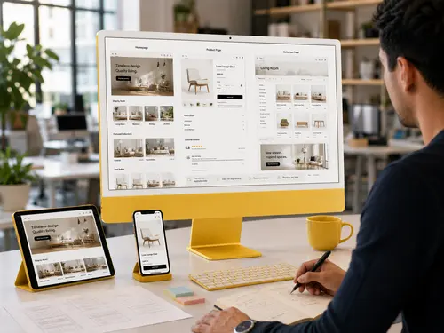 Core Page Design eCommerce homepage, product and collection page designs displayed across desktop, tablet and mobile devices in a modern workspace.