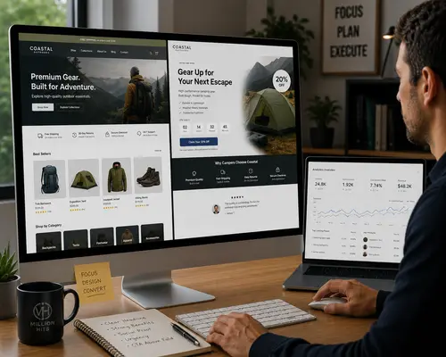Ecommerce & Landing Pages Ecommerce and landing page design by Million Hits focused on faster checkout, customer trust and measurable conversions.