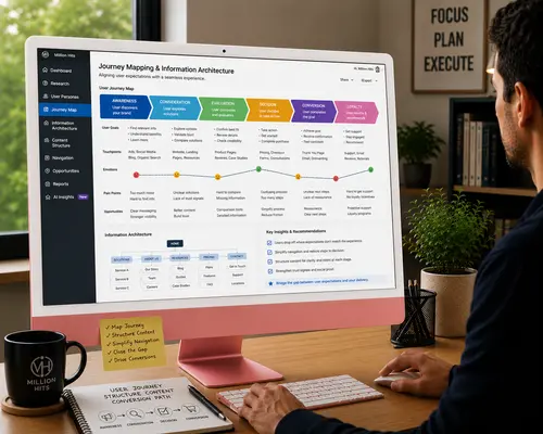 Journey mapping and information architecture by Million Hits, aligning user journeys, content structure and navigation to improve conversions.