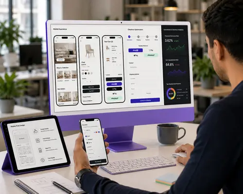 Mobile & Checkout Optimisation Mobile-first eCommerce design and streamlined checkout experience displayed across desktop, tablet and smartphone devices.
