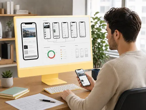 Mobile & User Experience Redesign Mobile UX redesign on a yellow iMac.