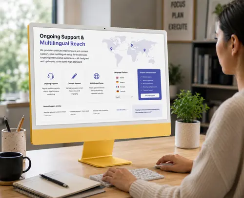 Ongoing Support & Multilingual Reach Ongoing website support and multilingual web solutions by Million Hits for international business growth.