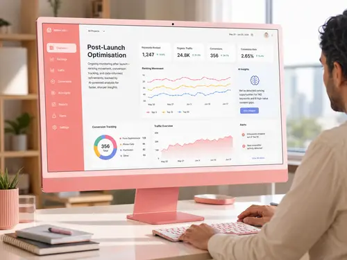 Post-launch optimisation Post-launch optimisation dashboard showing rankings, traffic and conversions.