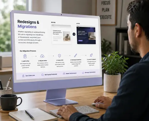 Redesigns & Migrations Website redesign and SEO-safe migration by Million Hits from WordPress or Squarespace to Wix.