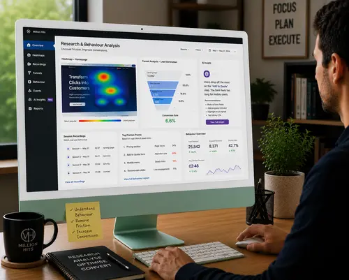 Research and behaviour analysis by Million Hits using heatmaps, session recordings, funnel data and AI-powered conversion insights.