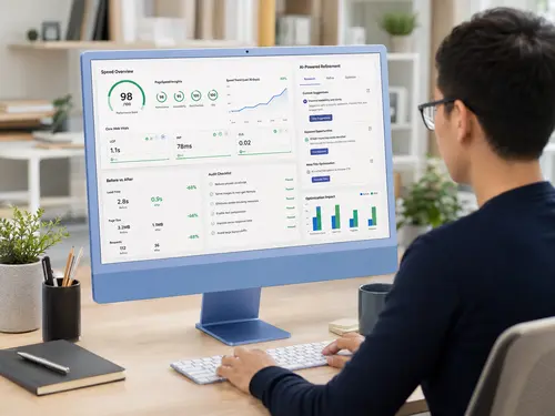 Speed, Audits & AI-Powered Refinement Strategist reviewing website speed, Core Web Vitals and AI optimisation data.