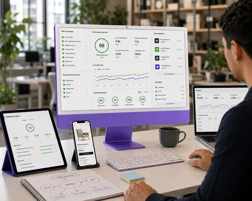 Speed, SEO & App Integration Website speed optimisation, technical SEO and essential app integrations displayed across desktop, laptop, tablet and mobile devices.