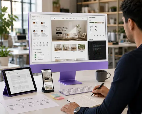 Strategy & Custom Theme Design Custom eCommerce theme strategy and storefront design displayed across desktop, tablet and mobile devices in a modern UX workspace.