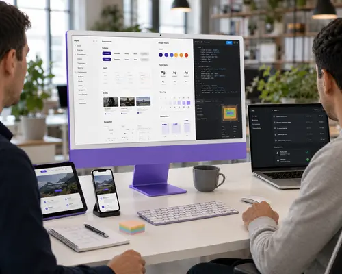 UI design system, developer handover and responsive website review displayed across desktop, laptop, tablet and mobile devices.