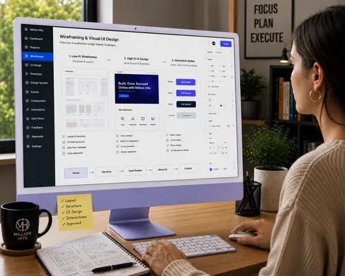 Wireframing and visual UI design by Million Hits, creating responsive layouts, branded interfaces and interactive website prototypes.