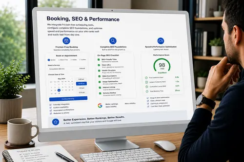 Booking, SEO & Performance Booking, SEO and performance optimisation services for faster websites, better rankings and seamless scheduling.
