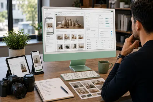 Custom Design & Platform Builds Custom eCommerce store design and platform development displayed on a modern green iMac with responsive product pages and project planning tools.