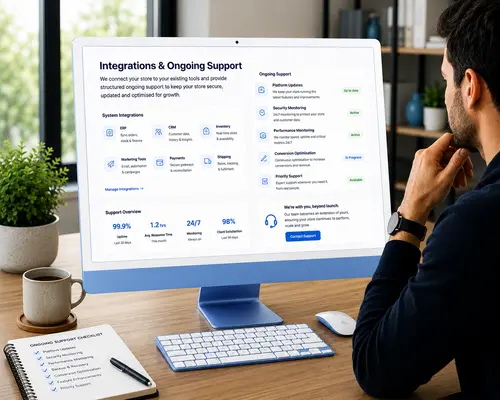 Integrations & Ongoing Support eCommerce integrations and ongoing support services for secure, connected and high-performing online stores.