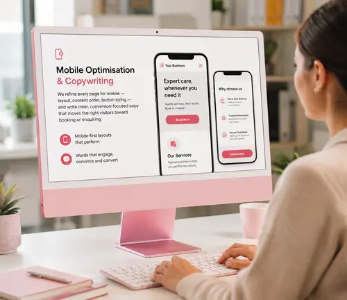Mobile Optimisation & Copywriting Mobile optimisation and conversion copywriting displayed on a pink desktop computer.