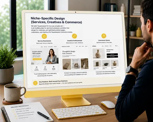 Niche-Specific Design (Services, Creatives & Commerce) (1) Niche-specific Squarespace design services for service businesses, creatives and eCommerce stores.