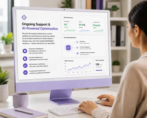 Ongoing Support & AI-Powered Optimisation Ongoing support and AI-powered website optimisation dashboard displayed on a purple desktop computer.