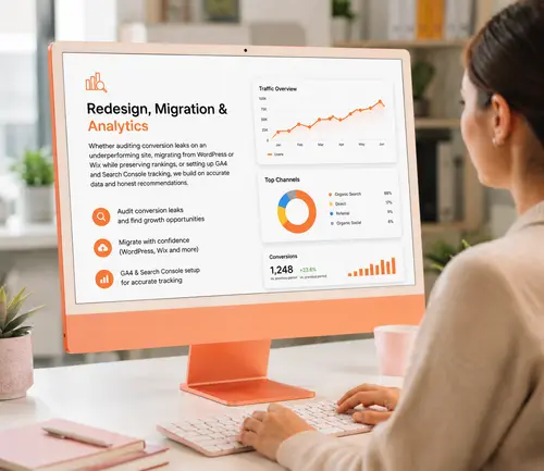 Redesign, Migration & Analytics Website redesign, migration and analytics dashboard displayed on a yellow desktop computer.